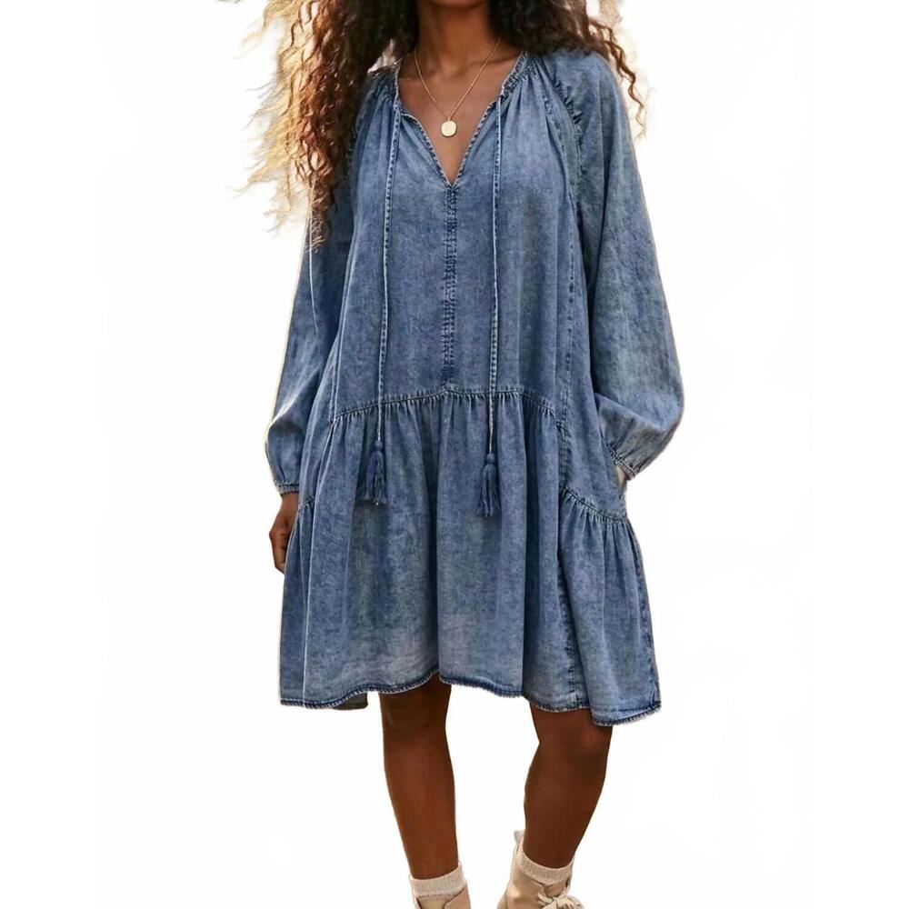 NEW SURELYMINE chambray tiered babydoll dress in blue